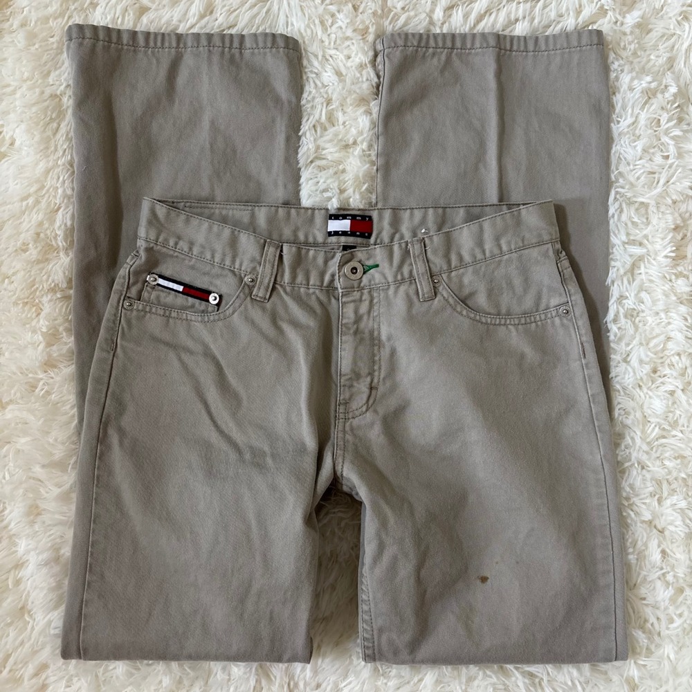 Tommy Jeans Womens 9 Khaki Flare Pants Vintage 90s Tan Cotton Trousers Mid Rise